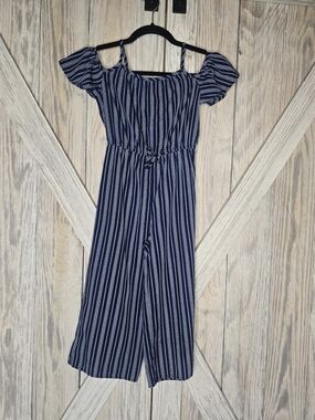 Girls Striped Romper Size 8 Blue White Off Shoulder Summer Outfit Boho